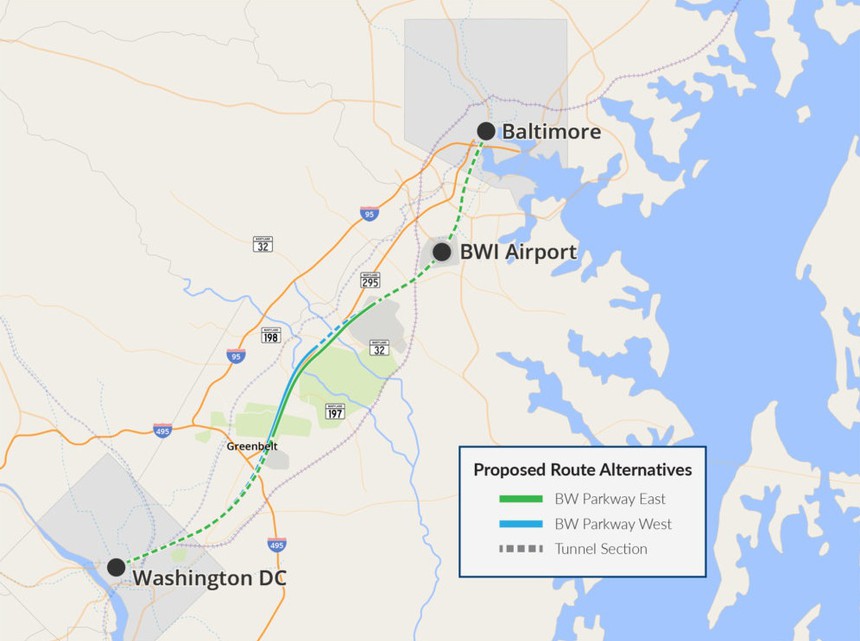 Washington DC Baltimore Maglev Route Map