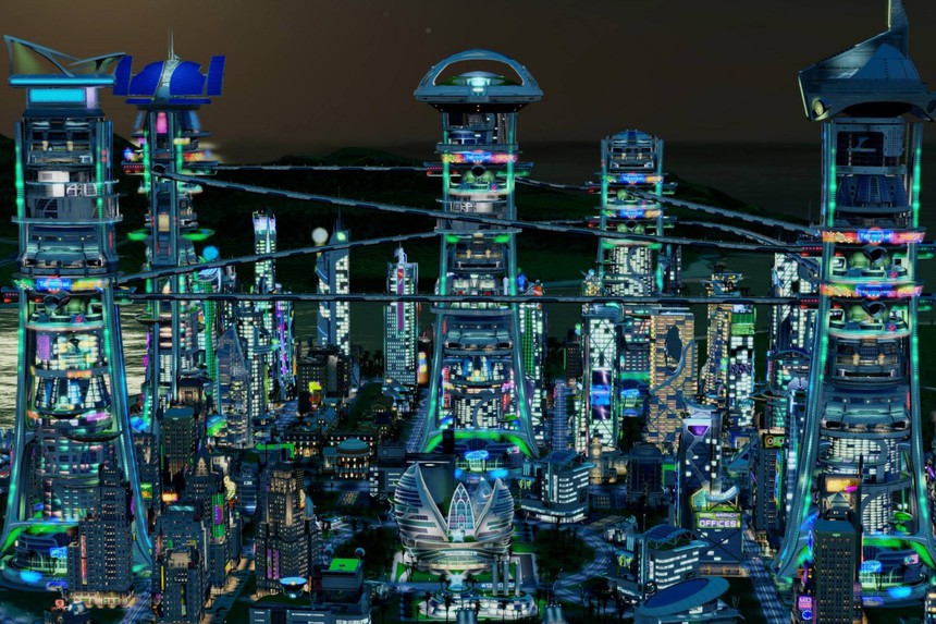 Futuristic city with maglev lines