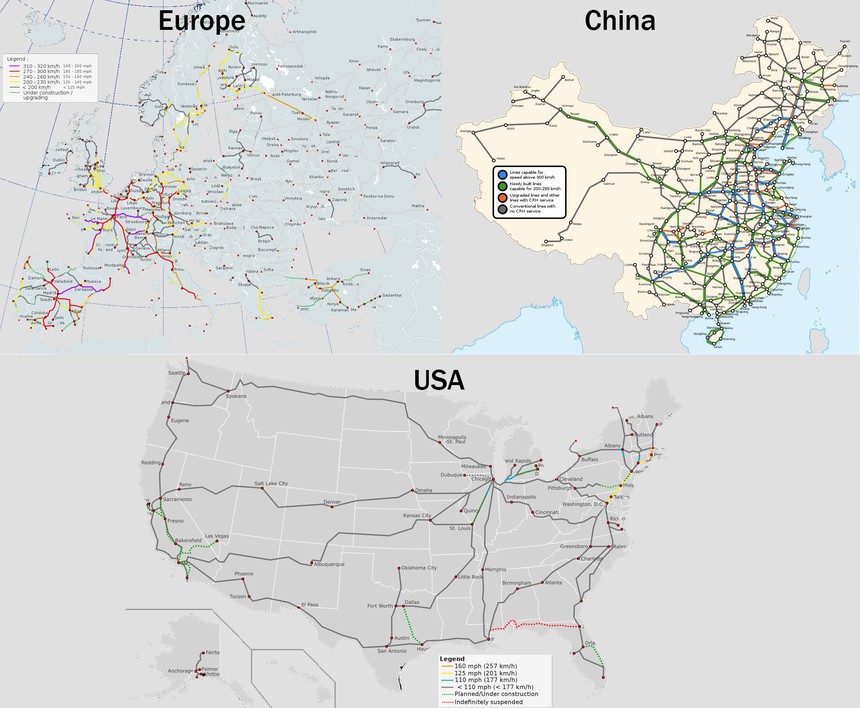 USA Europe China High Speed Rail Map