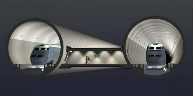 Maglev tunnels with maglev trains inside and corridor between the tunnels