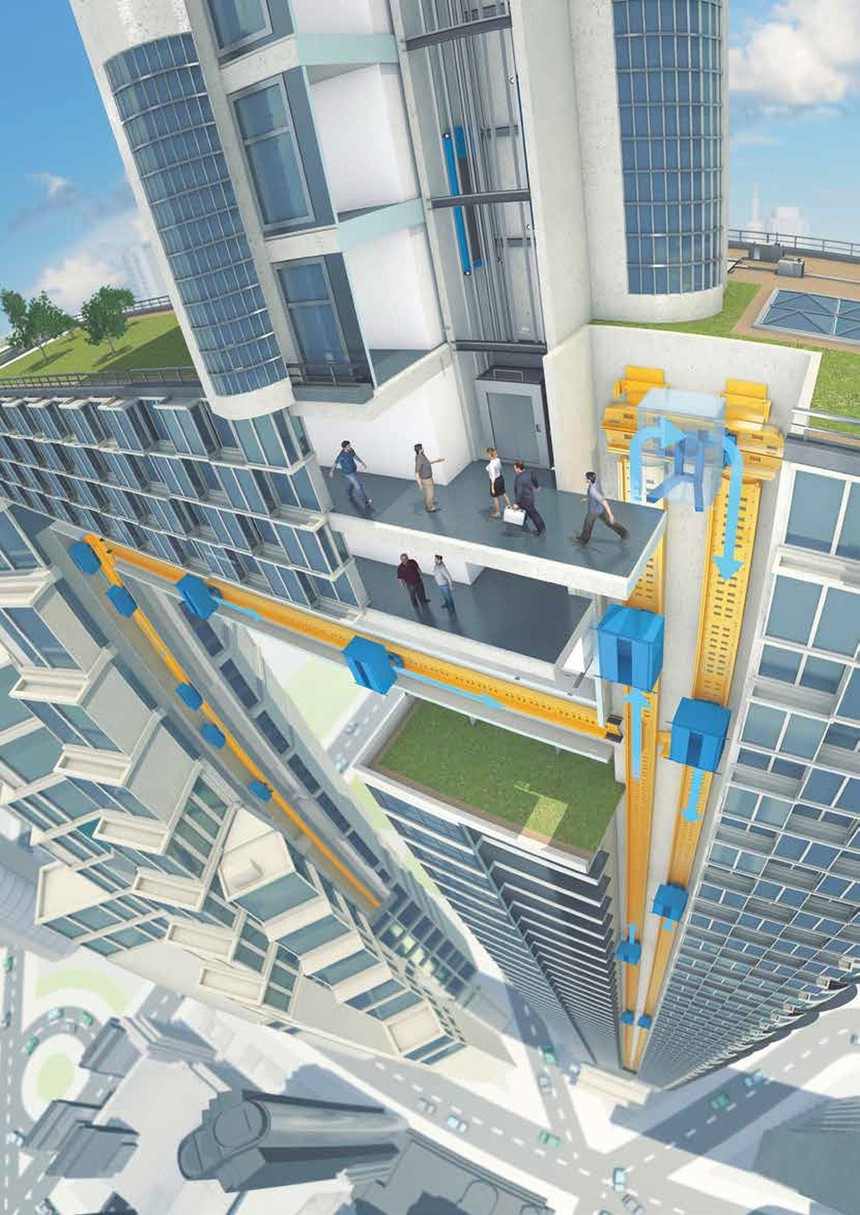 Multi magnetic levitating elevators in an office building