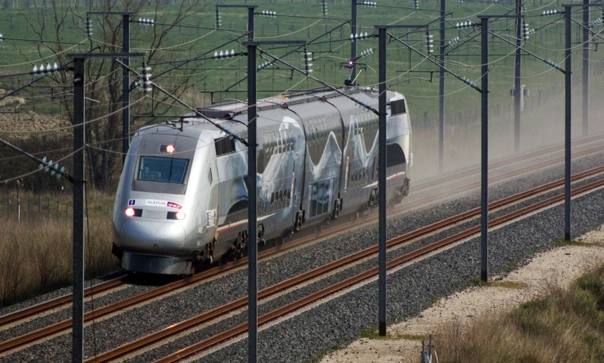 France TGV 4402 high-speed train reaching 574 kph (357 mph) on 3 April 2007 near Le Chemin